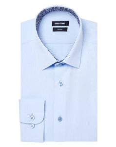 Light blue dress shirt with a collar and button details on a white background