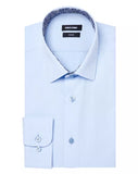 Light blue dress shirt with a collar and button details on a white background