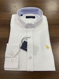 White dress shirt with collar tag on a wooden surface